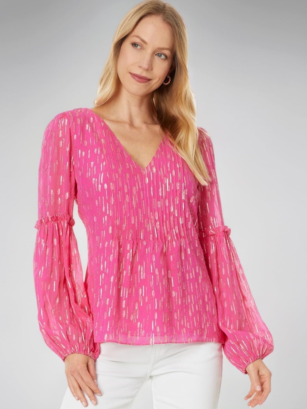 Lilly Pulitzer Hot Pink V-Neck Blouse with Gold Dash Accents